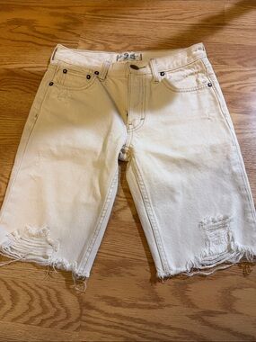 We The Free Cream Distressed Denim Bermuda Shorts